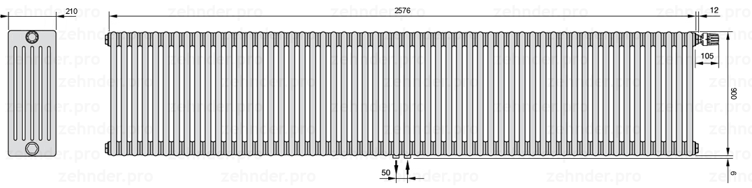 Схема (чертеж) Радиатор Zehnder Charleston 6090/56 №V008 Белый глянцевый RAL 9016